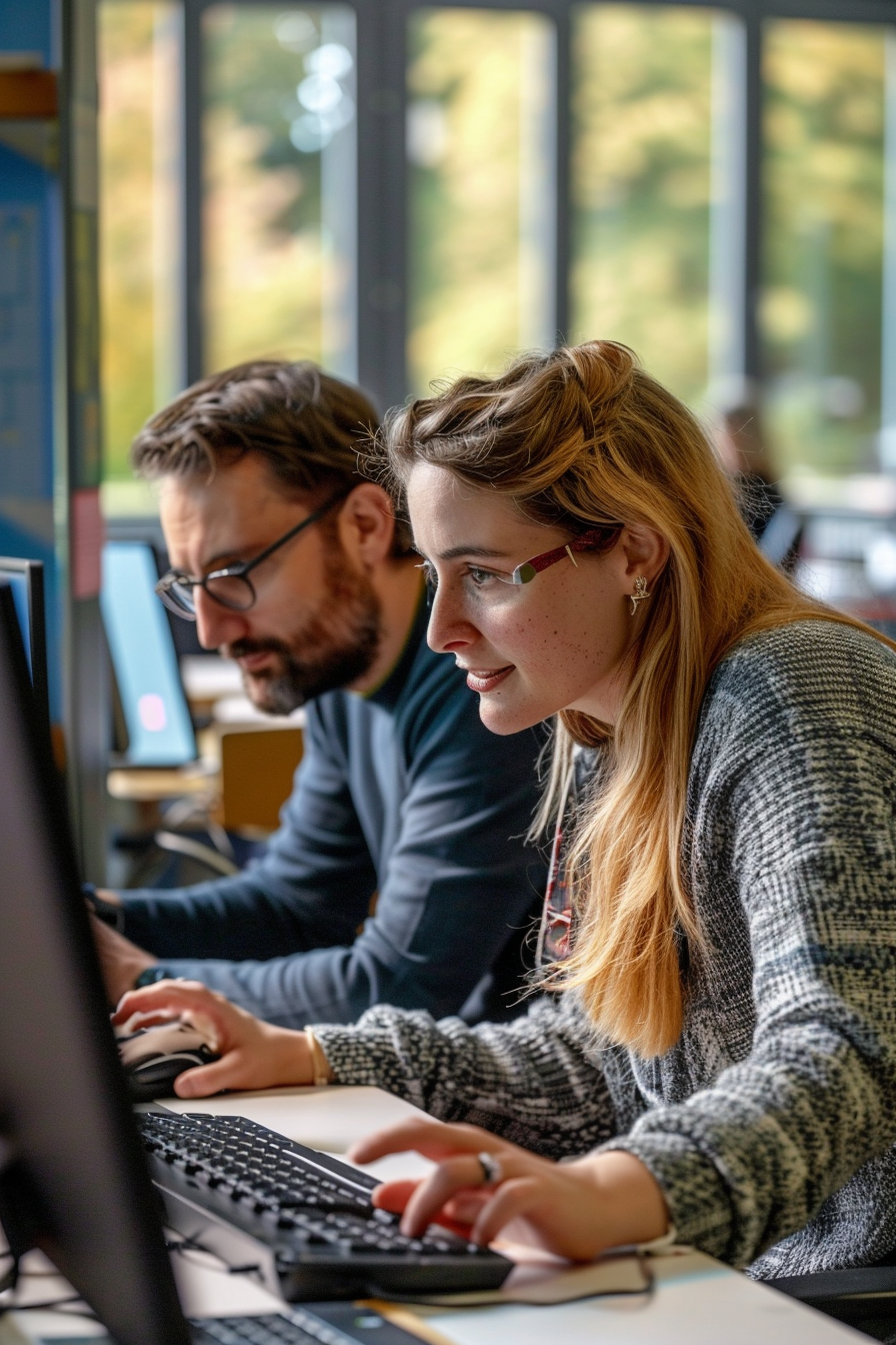 KI_Anwendung_2 Zwei Erwachsene (ein Mann, eine Frau, mitte 40, leichtes Lächel, possitive Ausstrahlung) lernen gemeinsam an Computern in einem modernen Schulungsraum, Buchhaltungsweiterbildung, professionelle Lernatmosphäre
